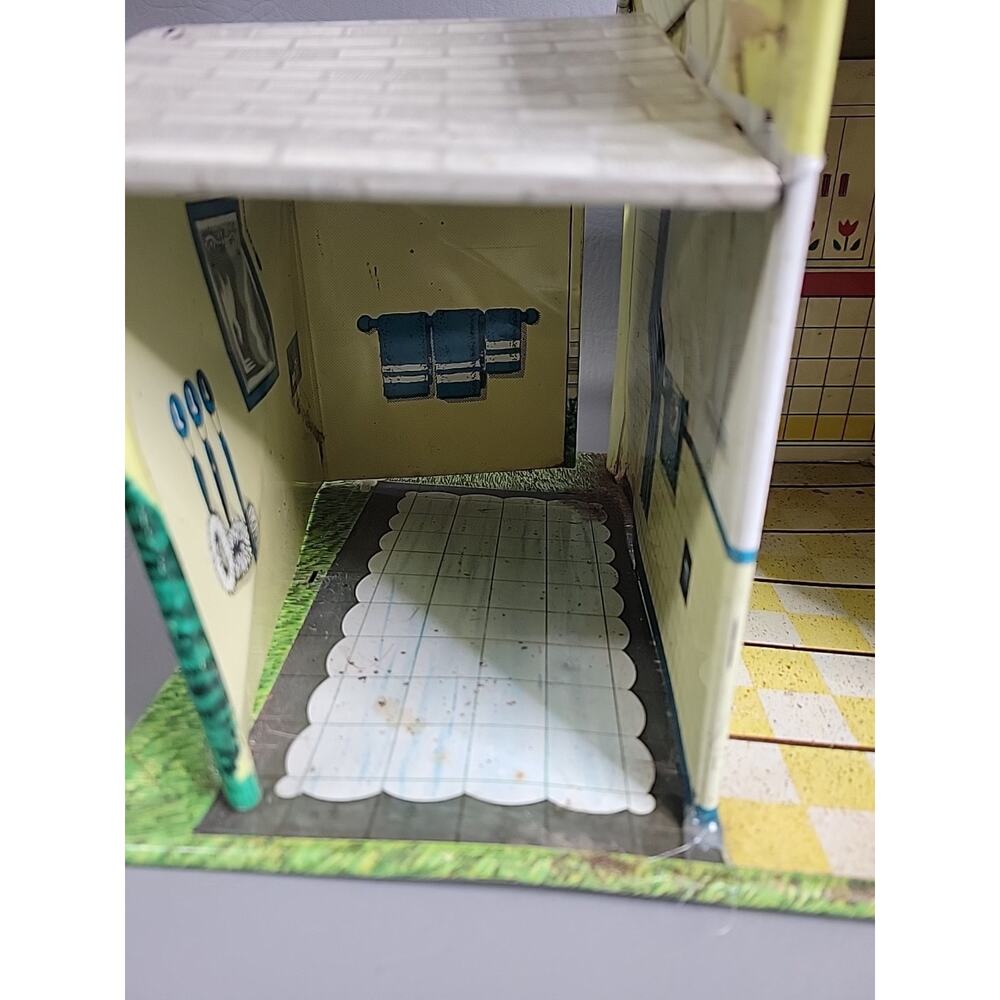 Vintage Tin Litho Ranch Style Metal Dollhouse T Cohn 1950 Furniture Pool READ - Picture 10 of 16
